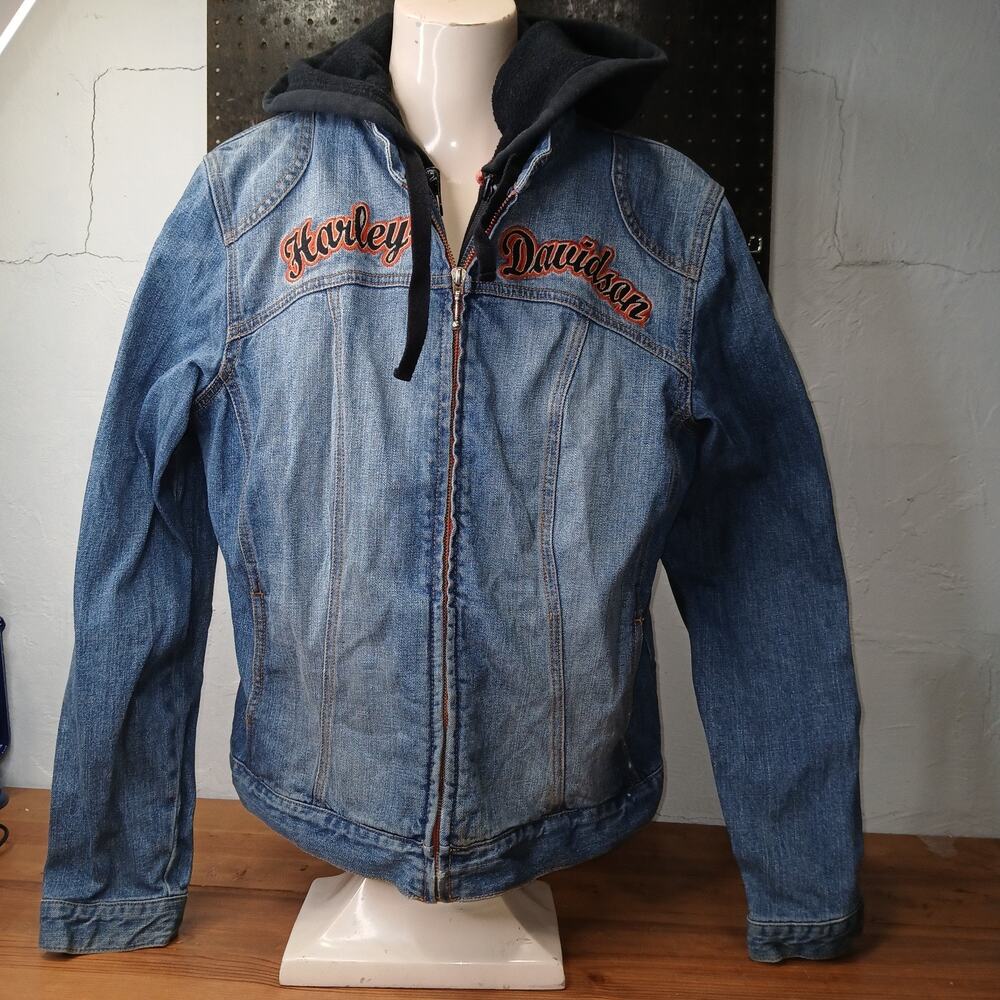 Harley Davidson Women's Denim Jacket W zip in hooded vest Sz XL Zip Front